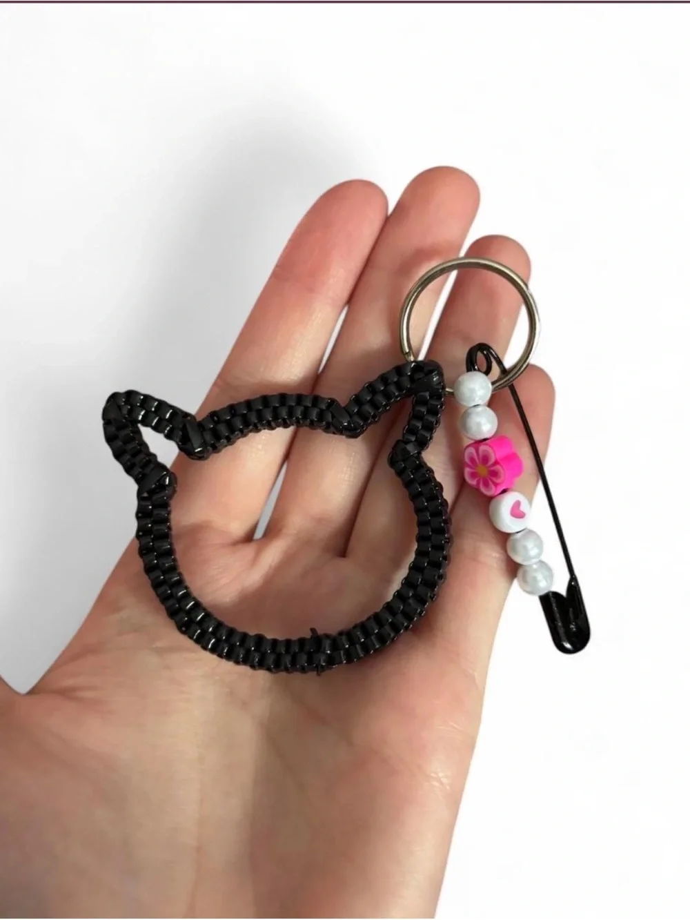 Black Cat-Shaped Keychain with Safety Pin Charm